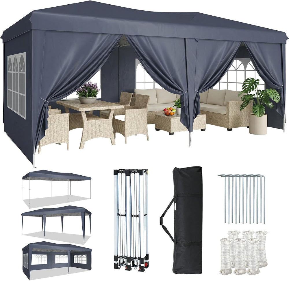 Aoxun 10x20 Pop Up Canopy Tent with 6 Sidewalls, Party Tent, Navy Blue