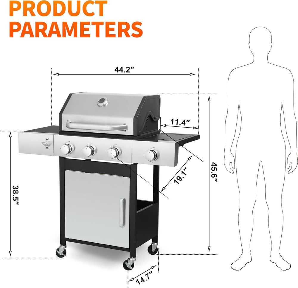 3-Burner Propane Gas Grill 39,000 BTU with Side Burner, Stainless Steel Doubl...