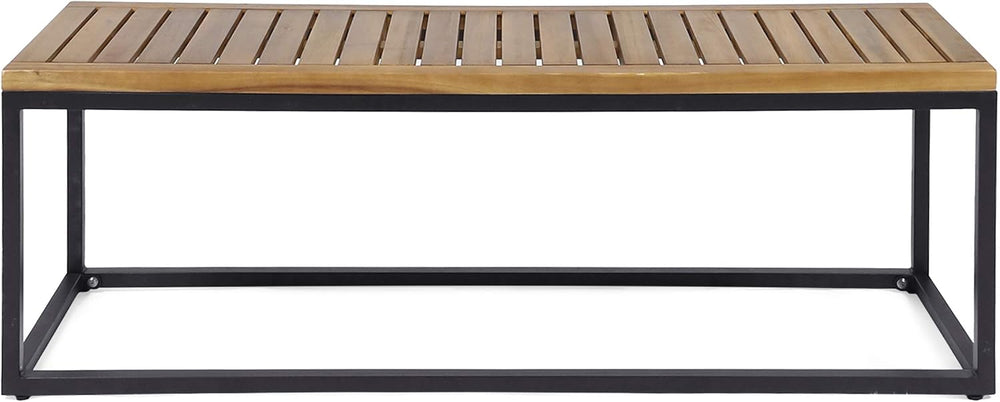 Drew Outdoor Industrial Acacia Wood and Iron Bench, Teak and Black