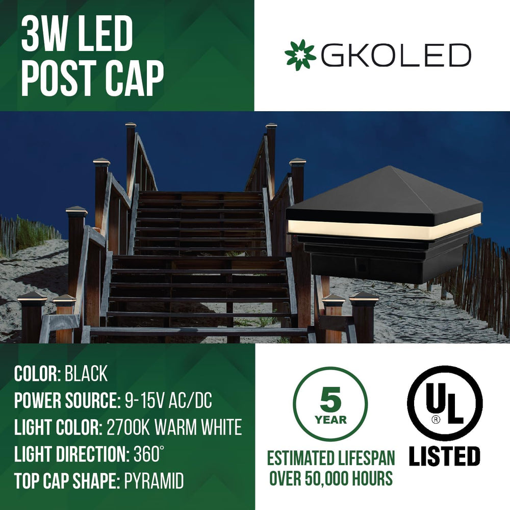 GKOLED Low Voltage Pyramid Post Cap Light, 9-15V AC/DC 3W IP65 Outdoor Deck L...