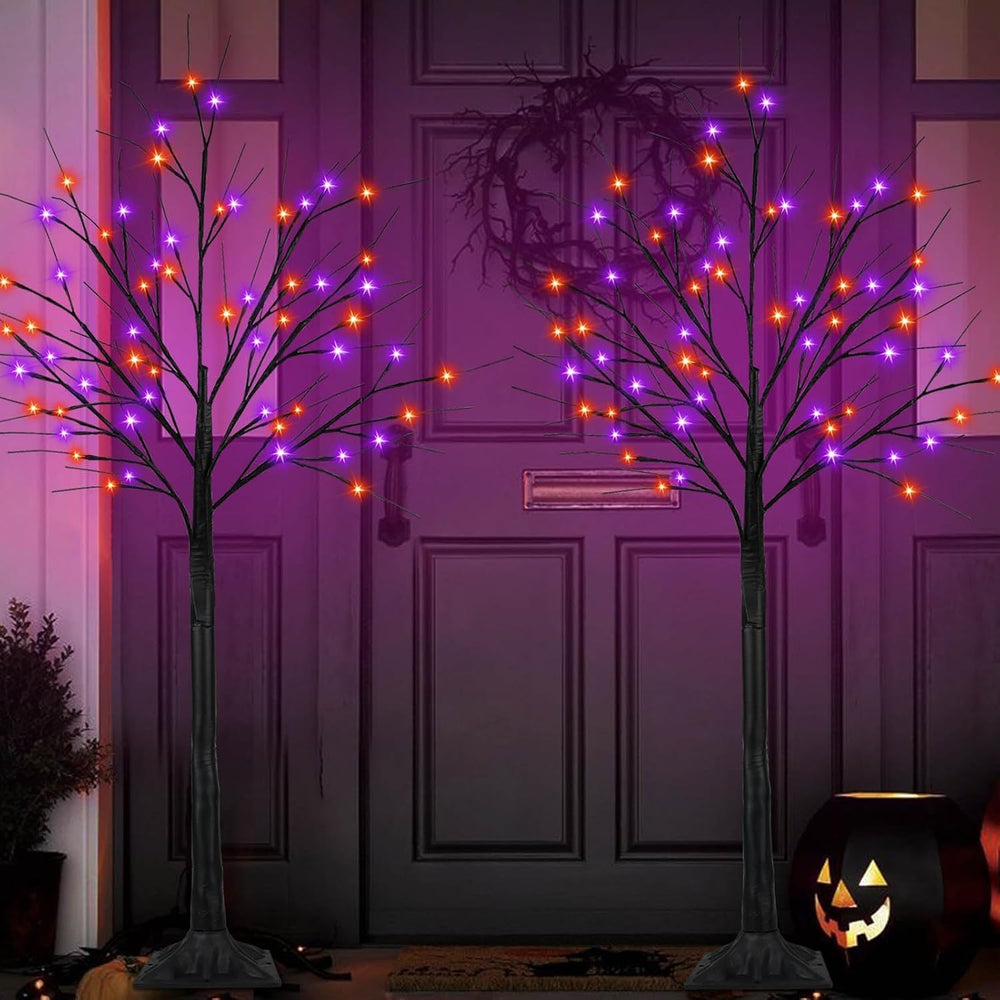 2 Pack 5FT Black Halloween Tree with 200 LED Orange and Purple Lights
