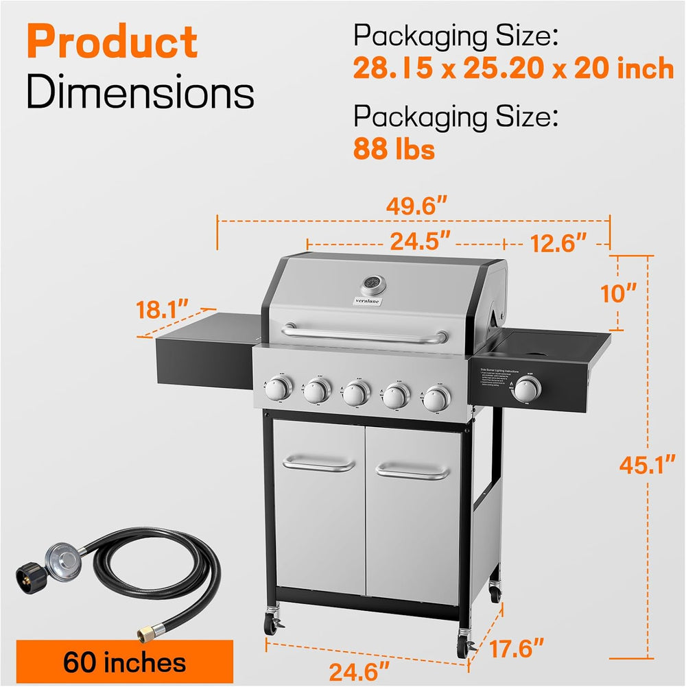 Veralune 5 Burner Gas Grill with Side Burner, 68,000 BTU, 548 Sq in