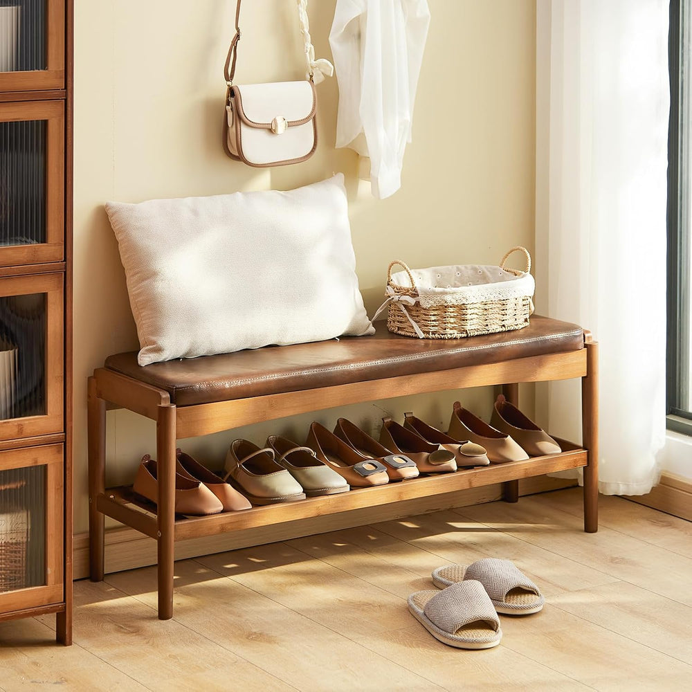 STDDRE Shoe Rack Bench Entryway Bamboo Shoe Storage Bench with Leather Cushio...