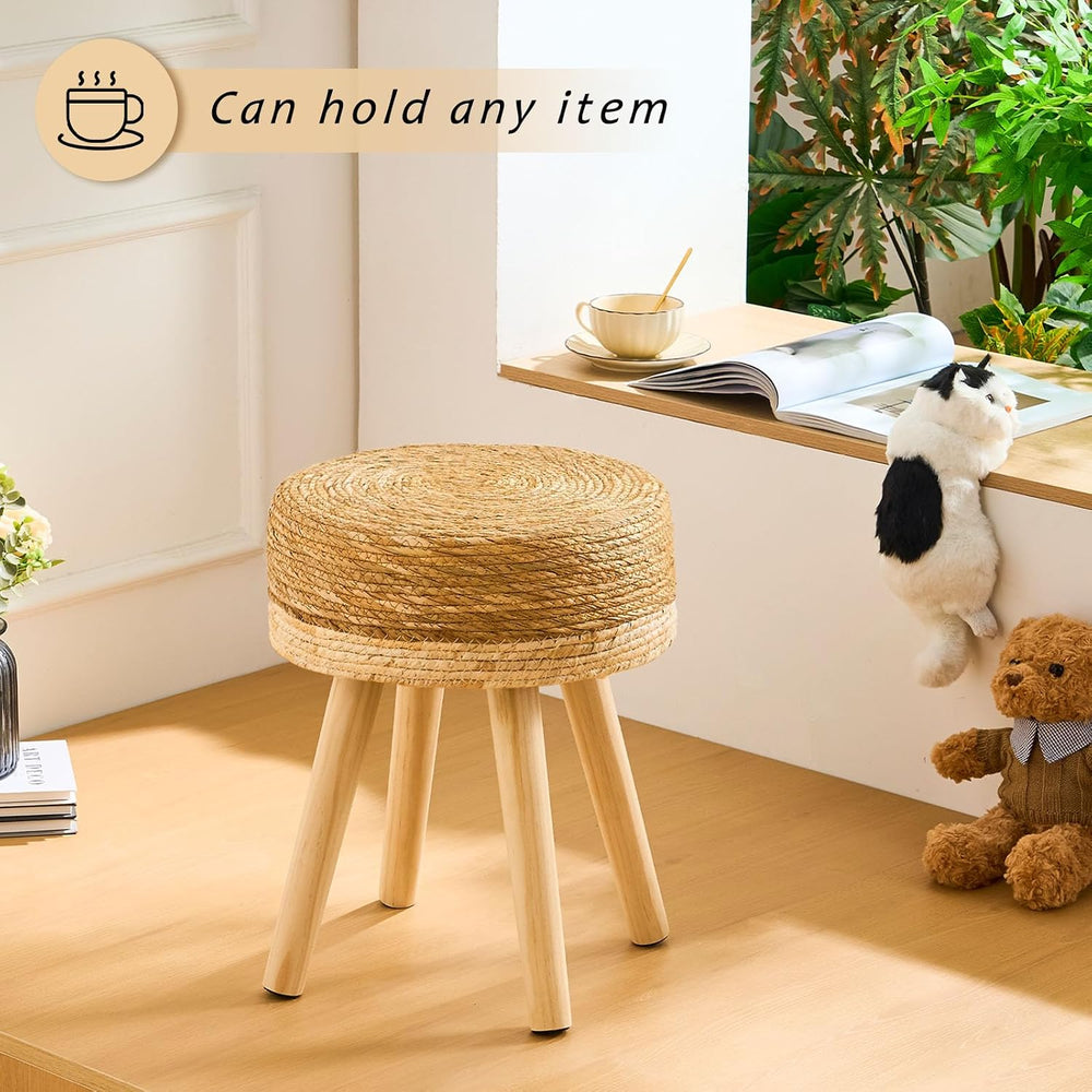 Handwoven Outdoor Ottoman, Water Hyacinth Pouf Round Patio Footstool with Woo...