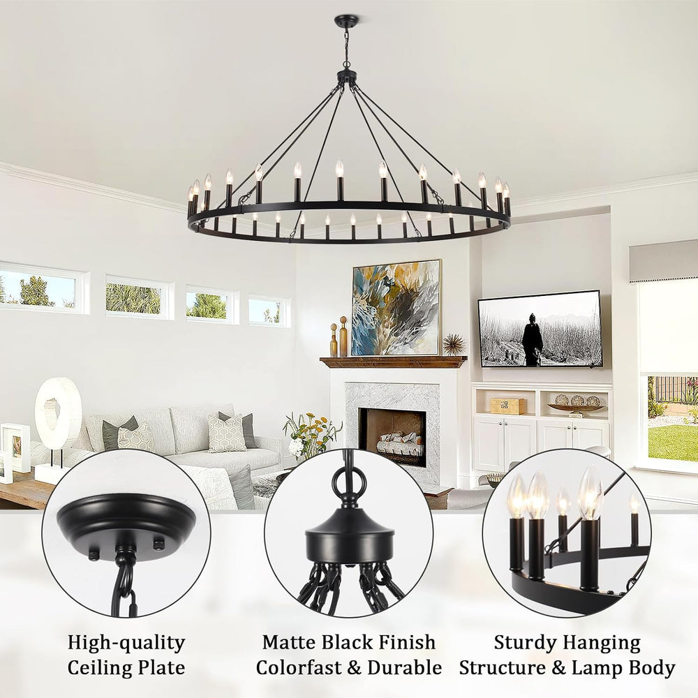 30 Lights Black Extra Large Wagon Wheel Chandelier, 60 Inch Farmhouse Industr...