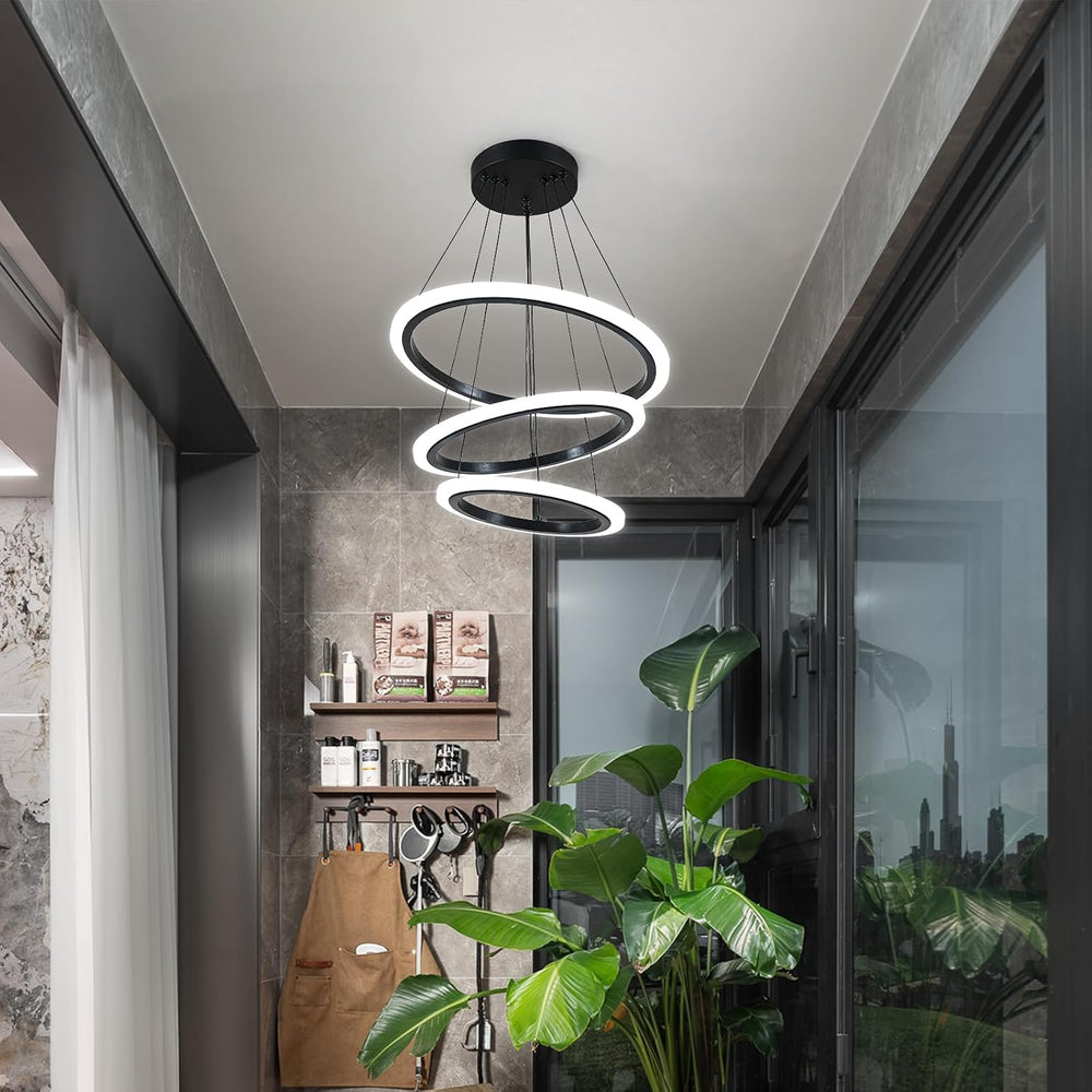 O'NEELDY Modern 3 Ring LED 52W Black Pendant Light with Irregular Ring Li...