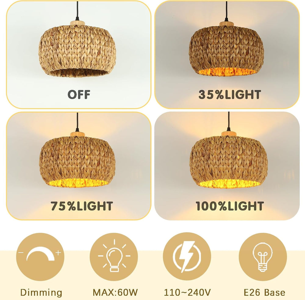 Hand-Woven Rattan Pendant Lights Kitchen Island wiht 12 Inch Wickel Shade