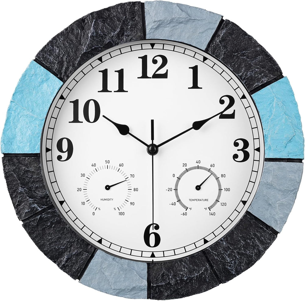 JoFomp 13 Inch Resin Faux-Stone Outdoor Clocks Waterproof with Thermometer an...