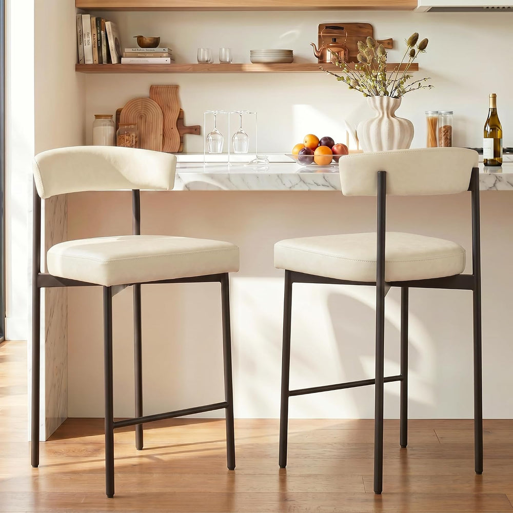 GrandNoor Beige Modern Bar Stools Set of 2, 24 Inch Faux Leather Counter Stoo...