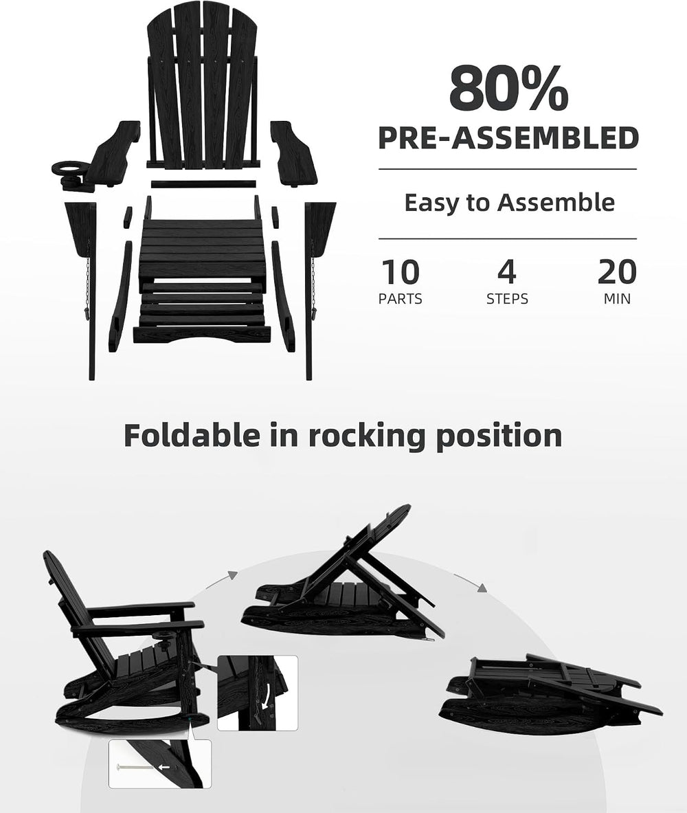 Folding Adirondack Rocking Chair,4-in-1 Multifunctional Patio Chair with Retr...
