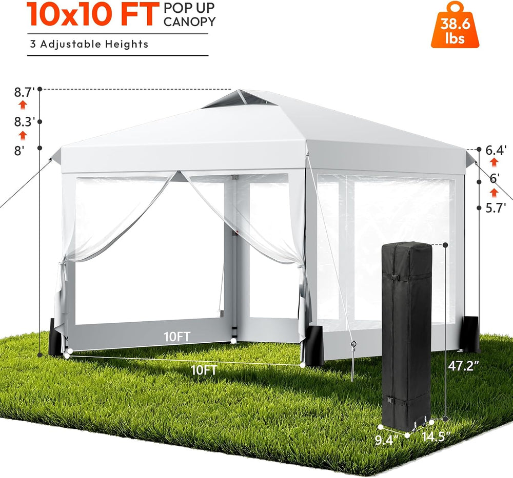VINGLI 10x10 Pop Up Canopy Tent with Sidewalls One Push Setup(White)