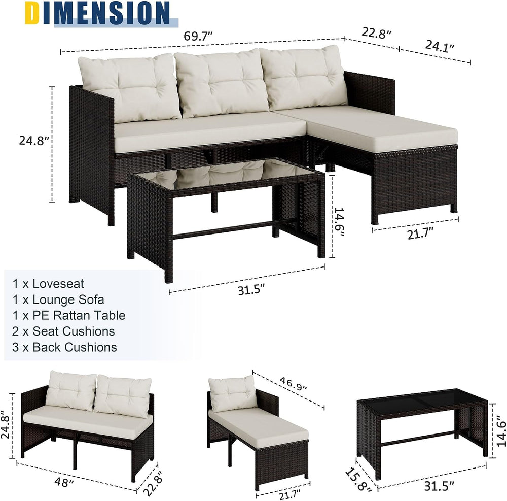 Vongrasig 3 Piece Patio Furniture Sets, All-Weather PE Wicker Outdoor Sofa Co...