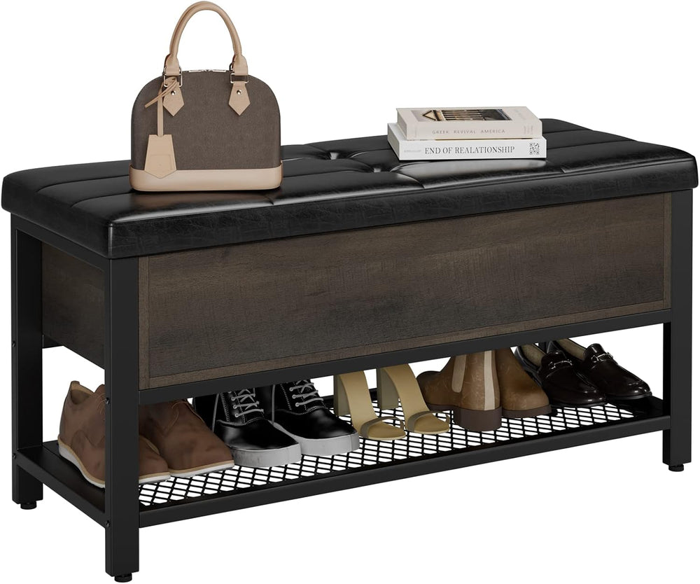 HOSTACK 40" W Storage Bench, Entryway Shoe Bench with Cushion, Dark Brown