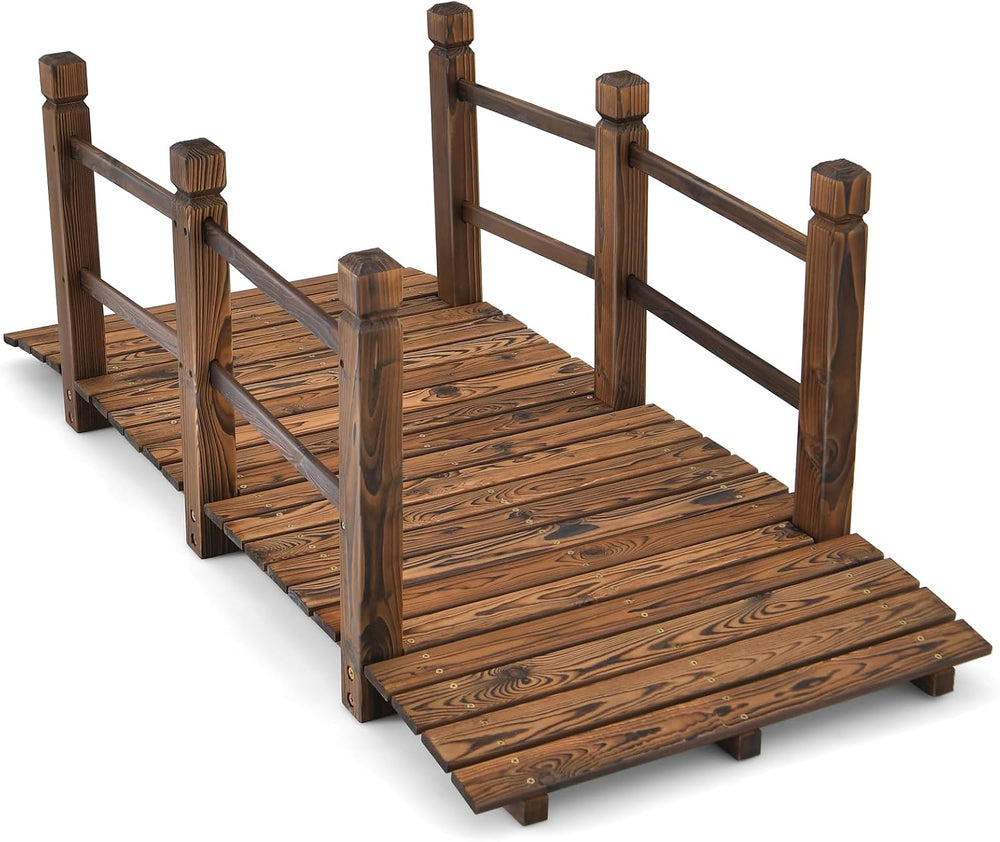 Tangkula 5 FT Wooden Garden Bridge, Arch Stained Finish Footbridge with Doubl...
