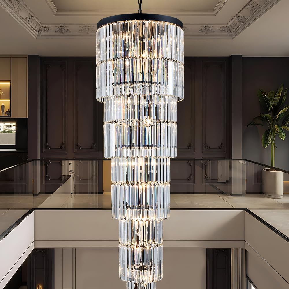 Luxury Modern Long Staircase K9 Chandeliers Black Top Design 10-Tier Large Fo...