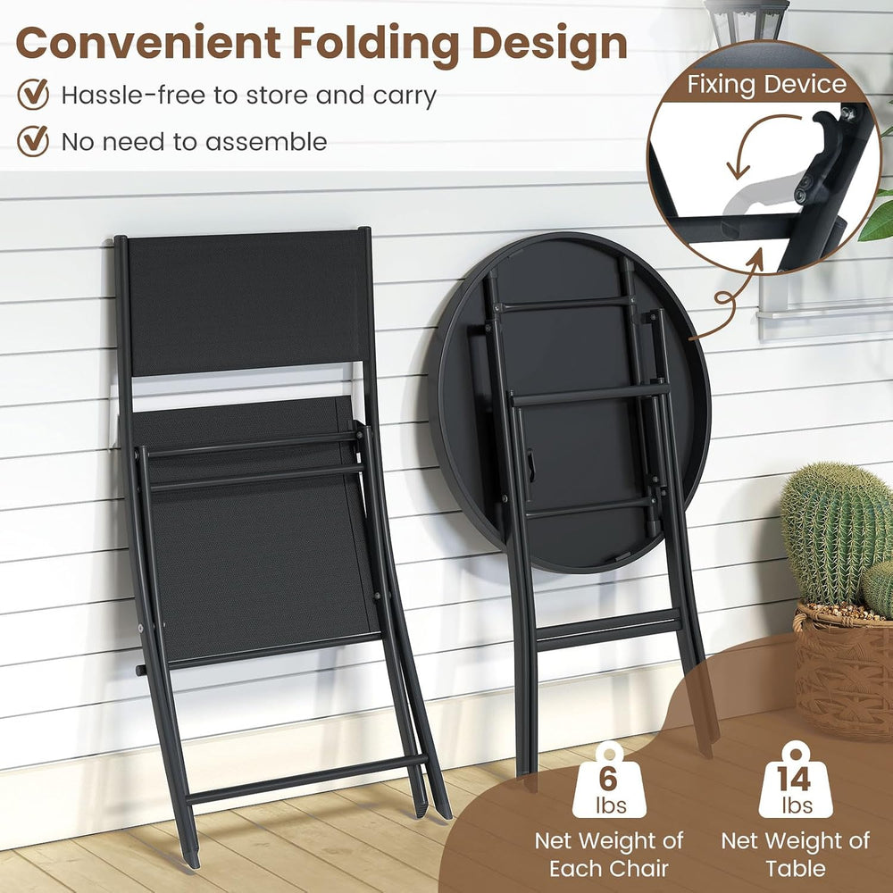 Tangkula 3 Piece Folding Bistro Set, Metal Frame Round Table & Chairs