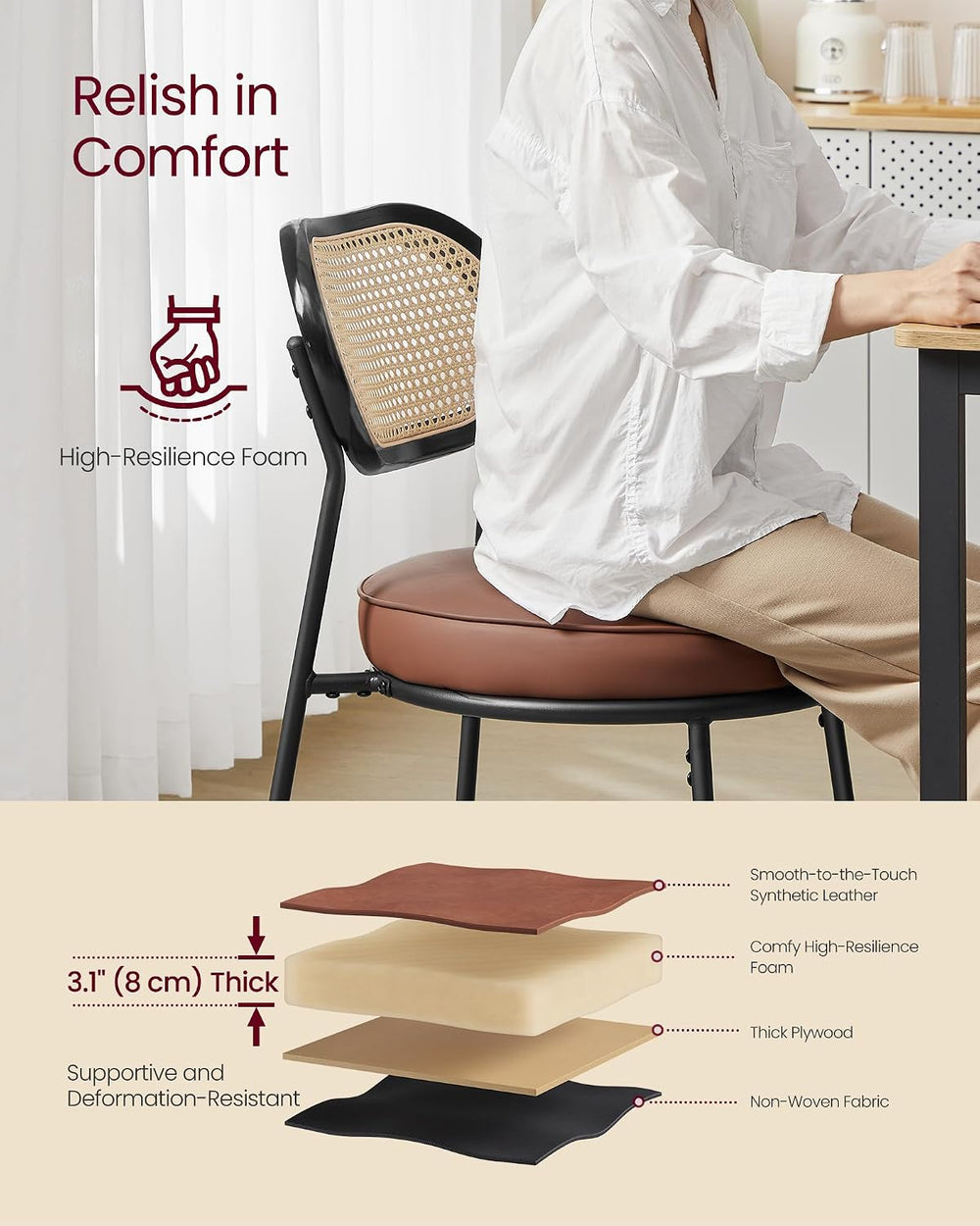 VASAGLE Dining Chairs, Set of 2, PE Rattan Back, Synthetic Leather