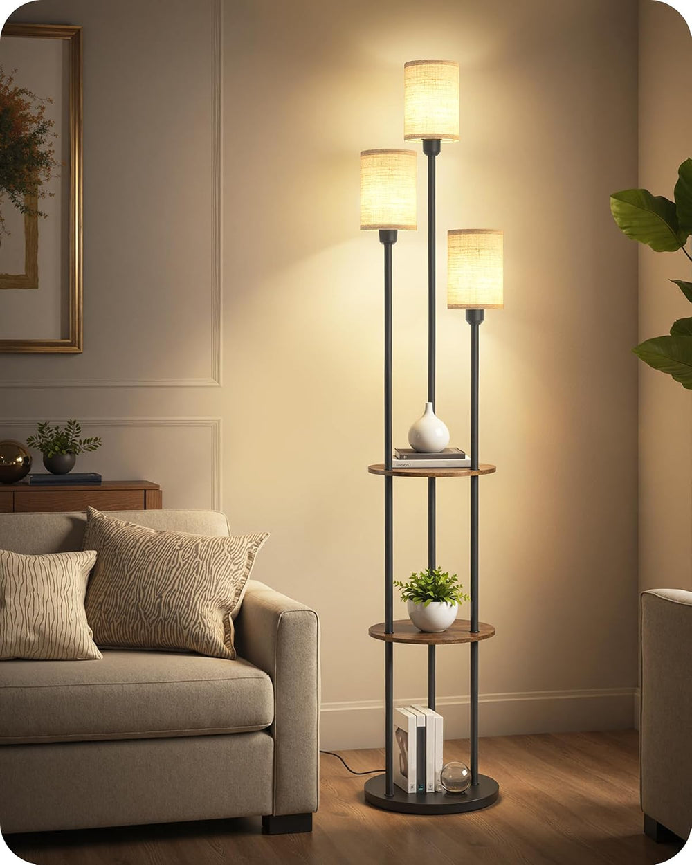 70.9" Floor Lamp with Shelves, Modern Floor Lamp with 3 Linen Shades and...