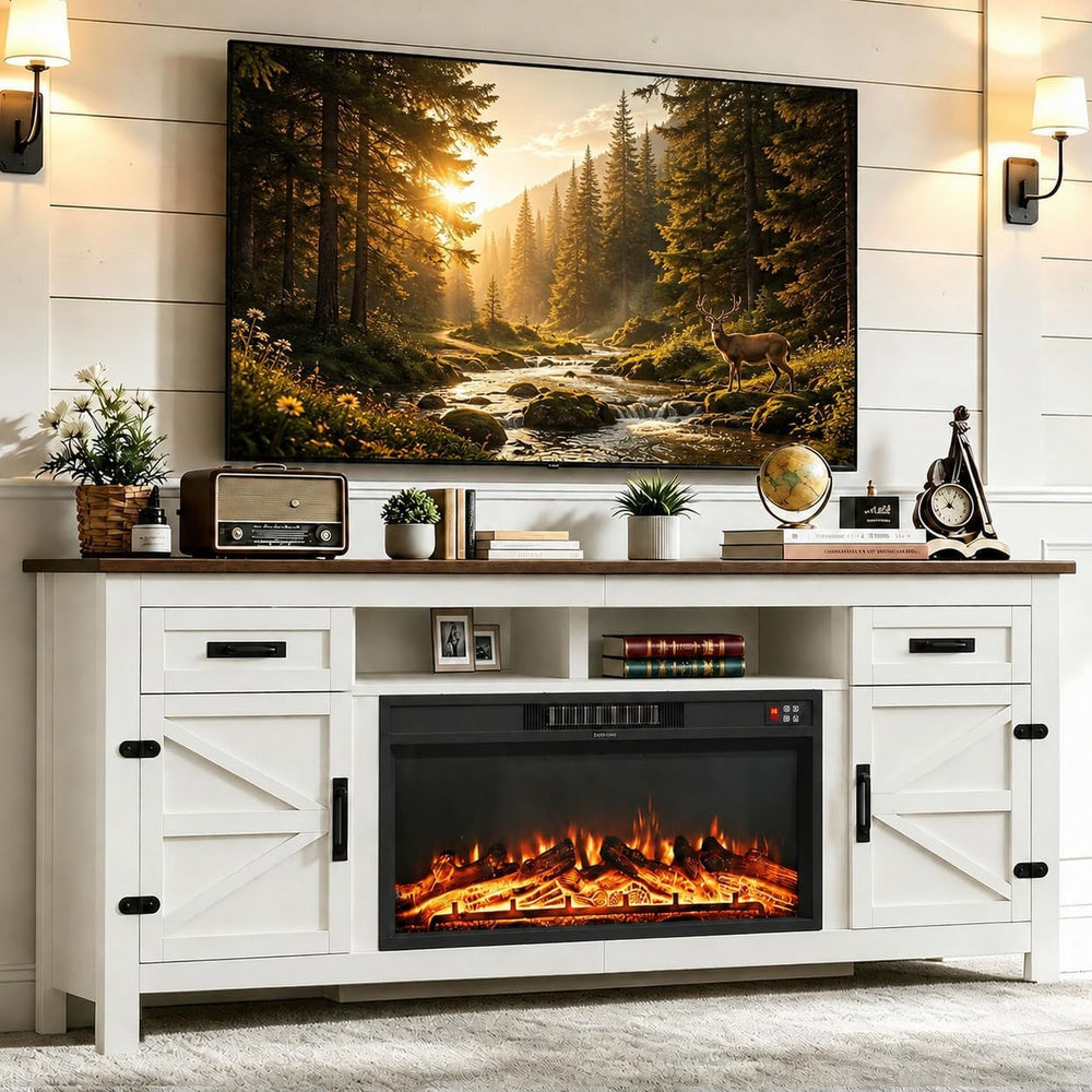 Fireplace TV Stand with Barn Door, 80 inch,Modern White