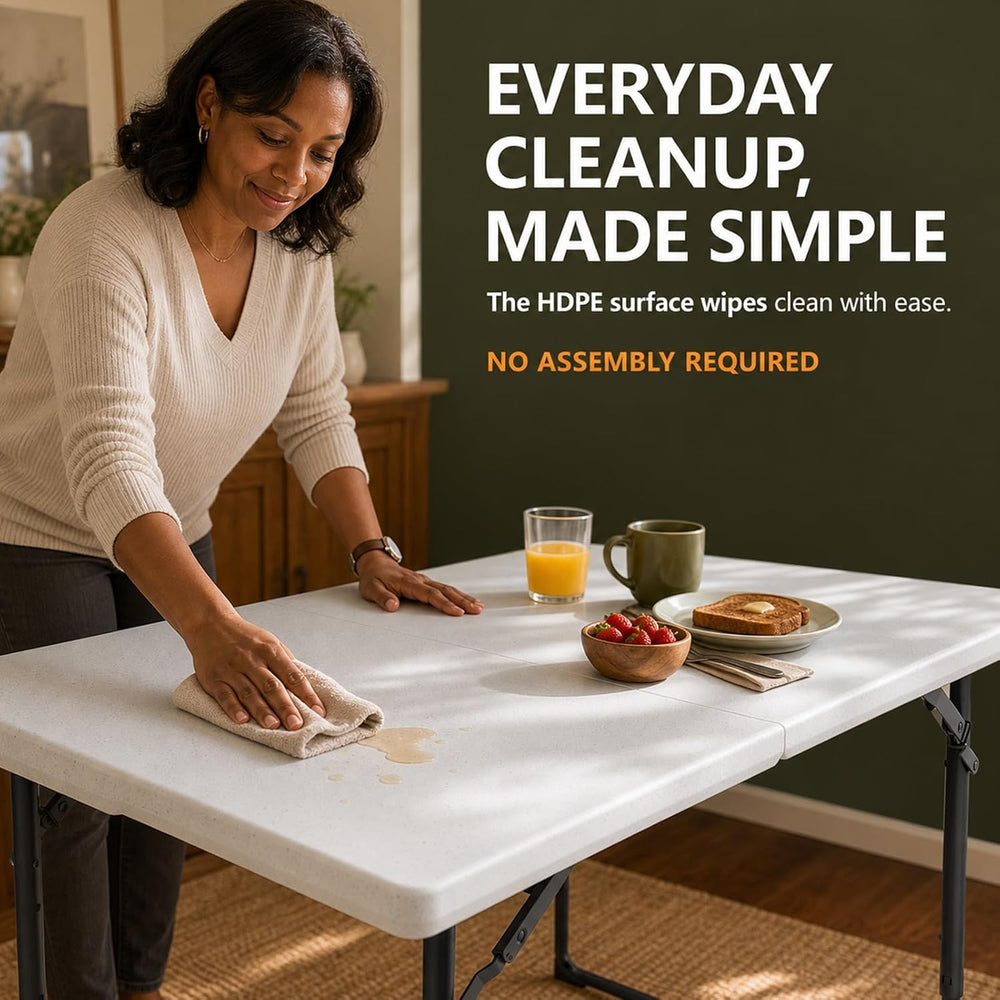 4FT Folding Table 3 Levels Adjustable Height, Heavy Duty Fold-in-Half Portabl...