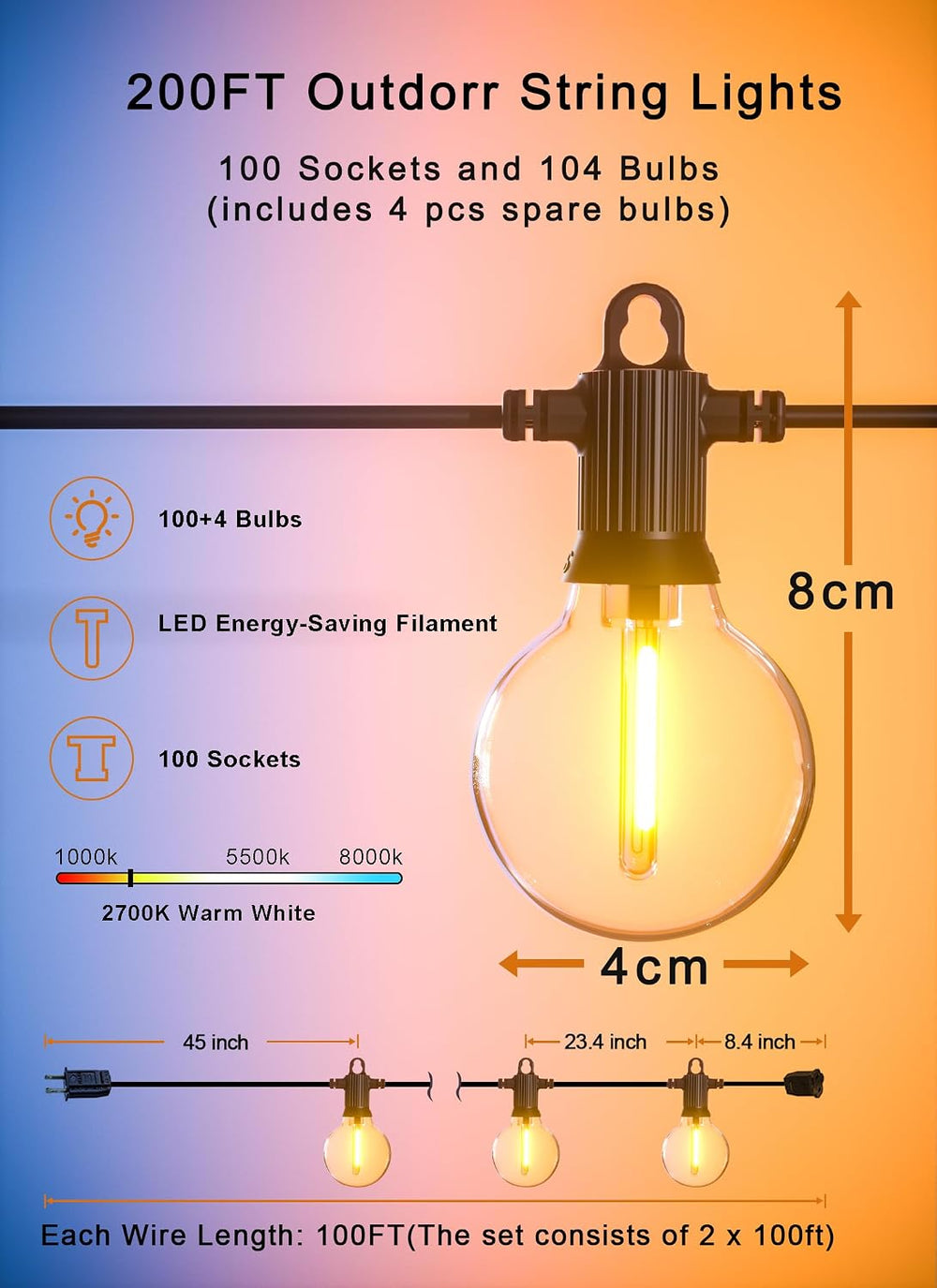 Zuske Outdoor String Lights, 200FT Patio Lights with 100 Shatterproof G40 Glo...