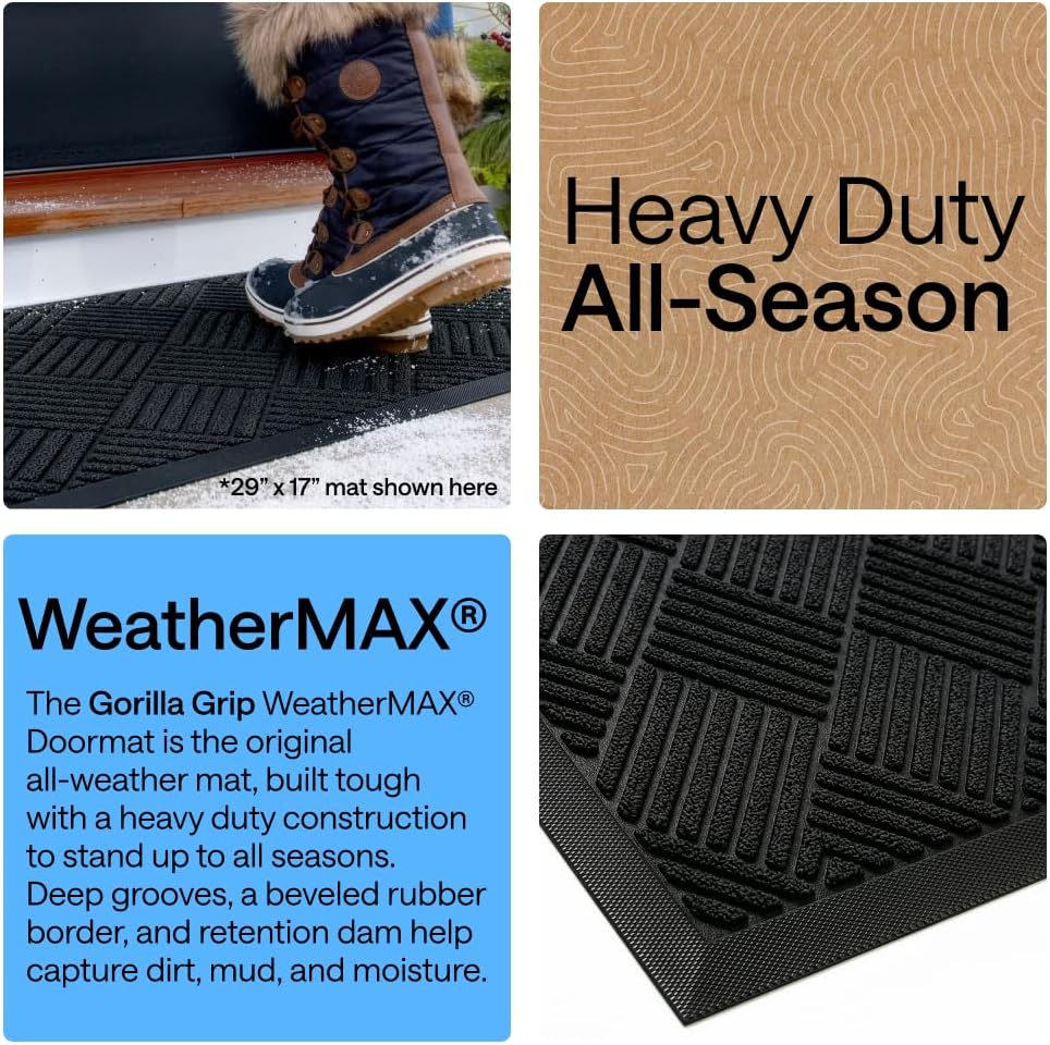GORILLA GRIP WeatherMAX Door Mat, Indoor Outdoor Use, 35x23, Black Diamond