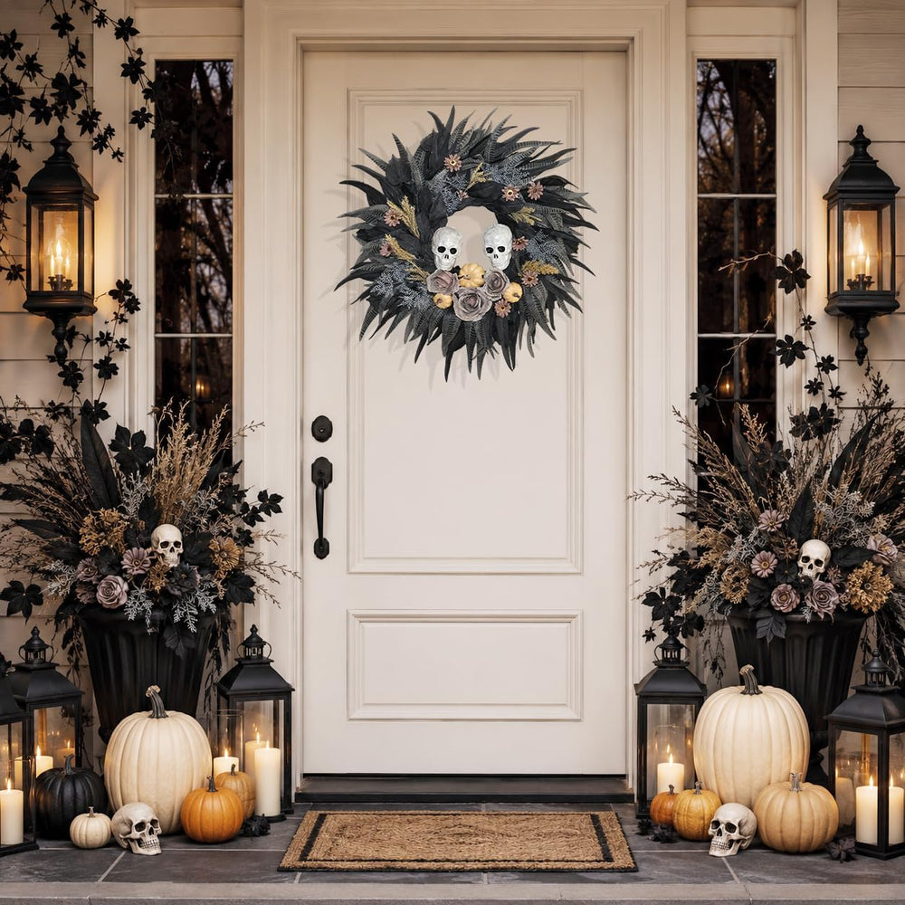 24" Halloween Wreath with 2 Skulls, 3 Pumpkins and Withered Roses
