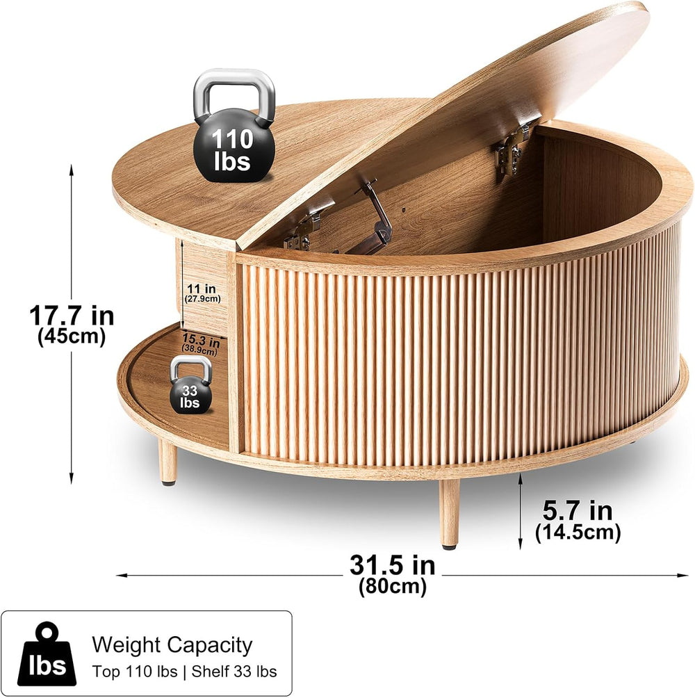 Round Coffee Table, 31.5" Fluted Center Table with Storage, Lift-Top Cof...