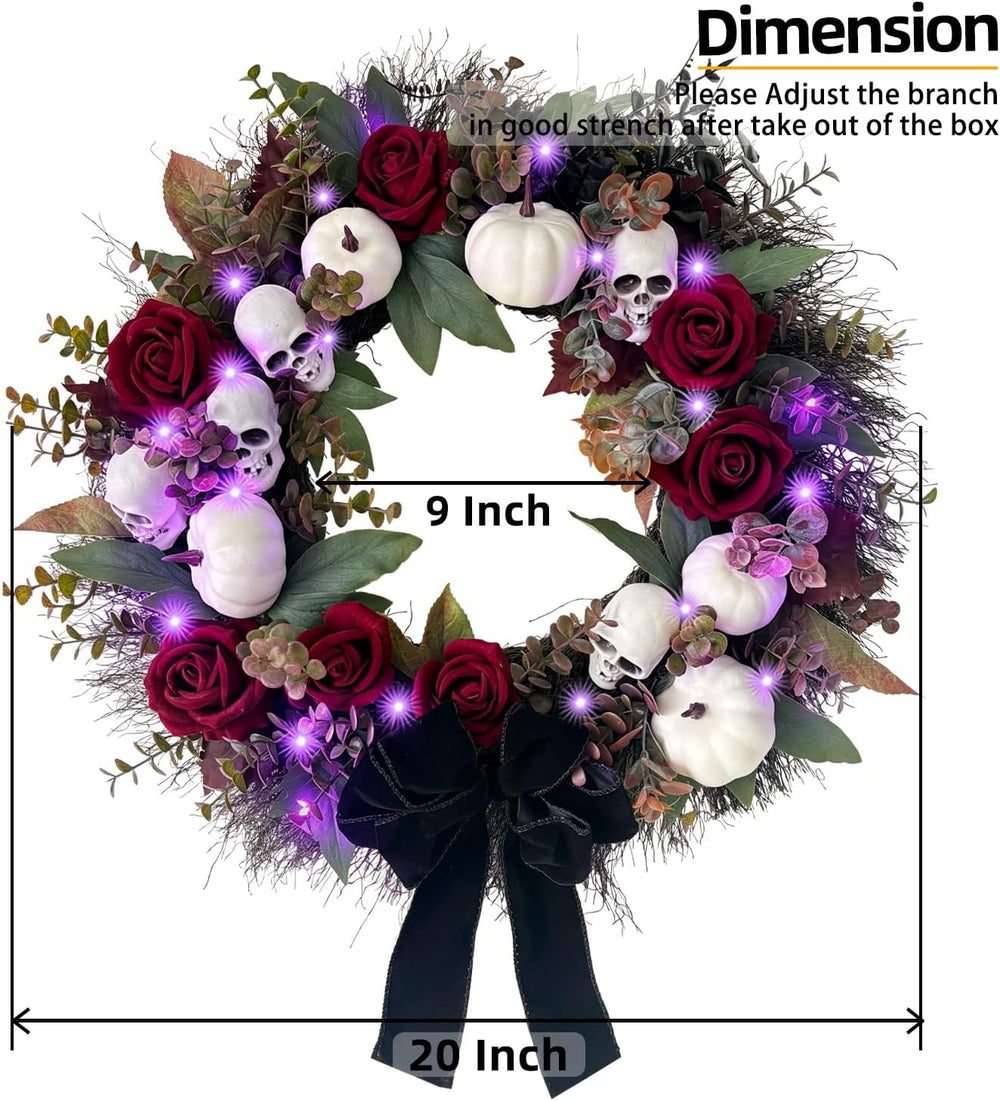 HipTree 20 Inch Gothic Halloween Wreath for Front Door with Purple Lights