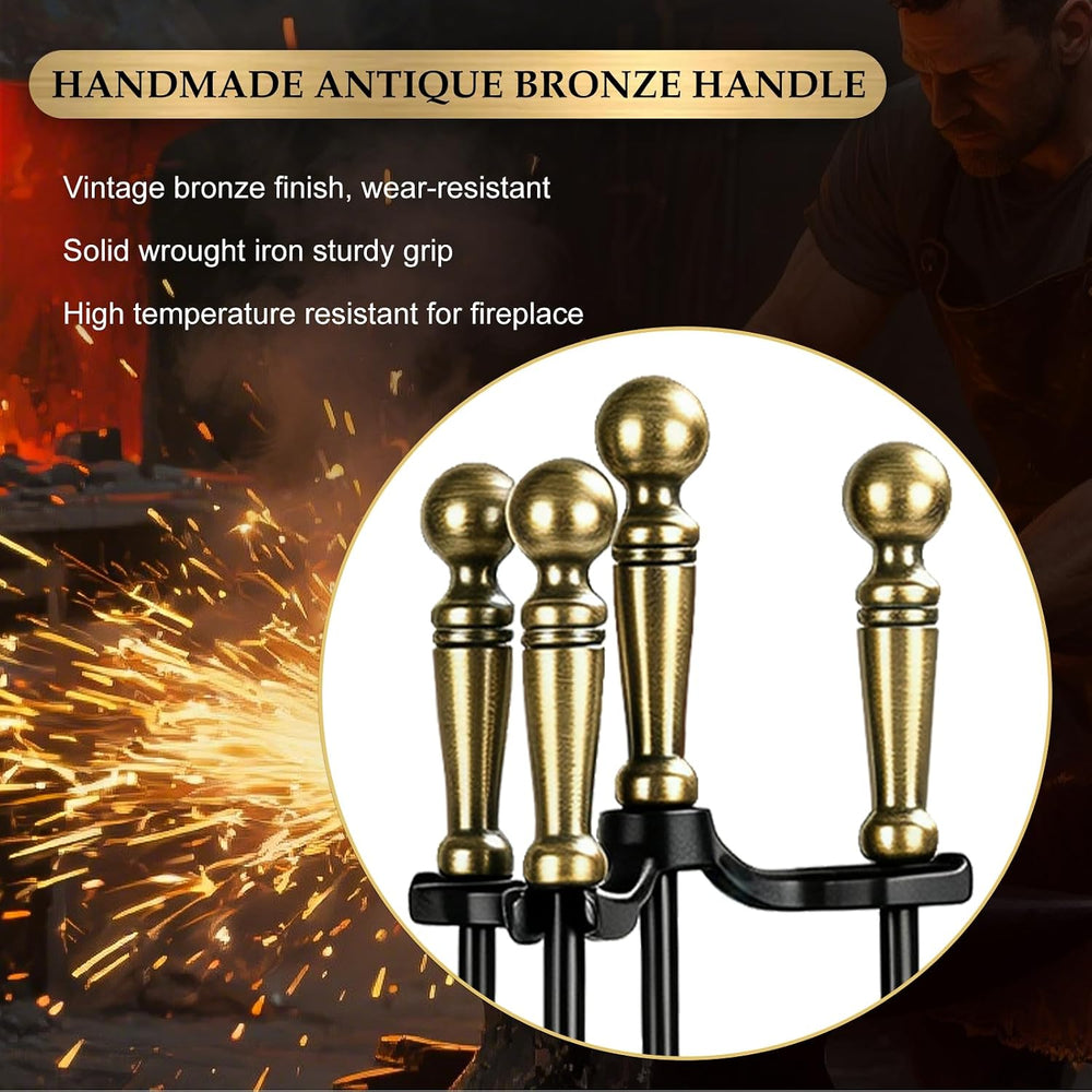 FEED GARDEN 4-Piece Fireplace Tools, Antique Brass Handle, 30" Wrought Iron