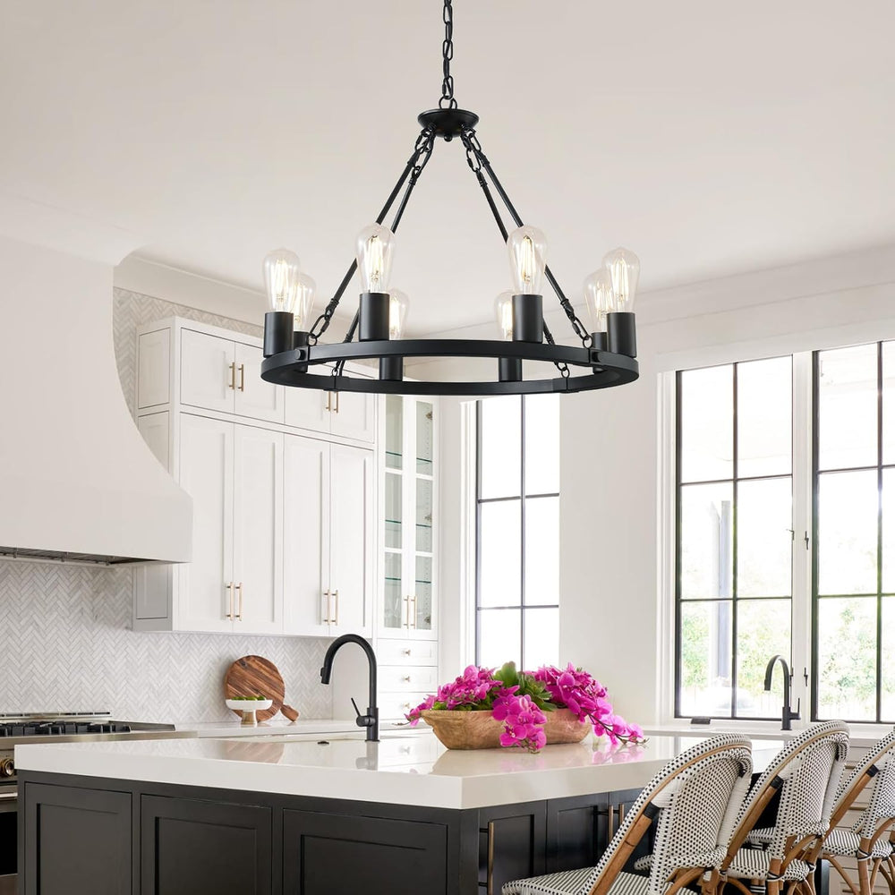 Wagon Wheel Chandelier 8-Light Black Dining Room Light Fixture