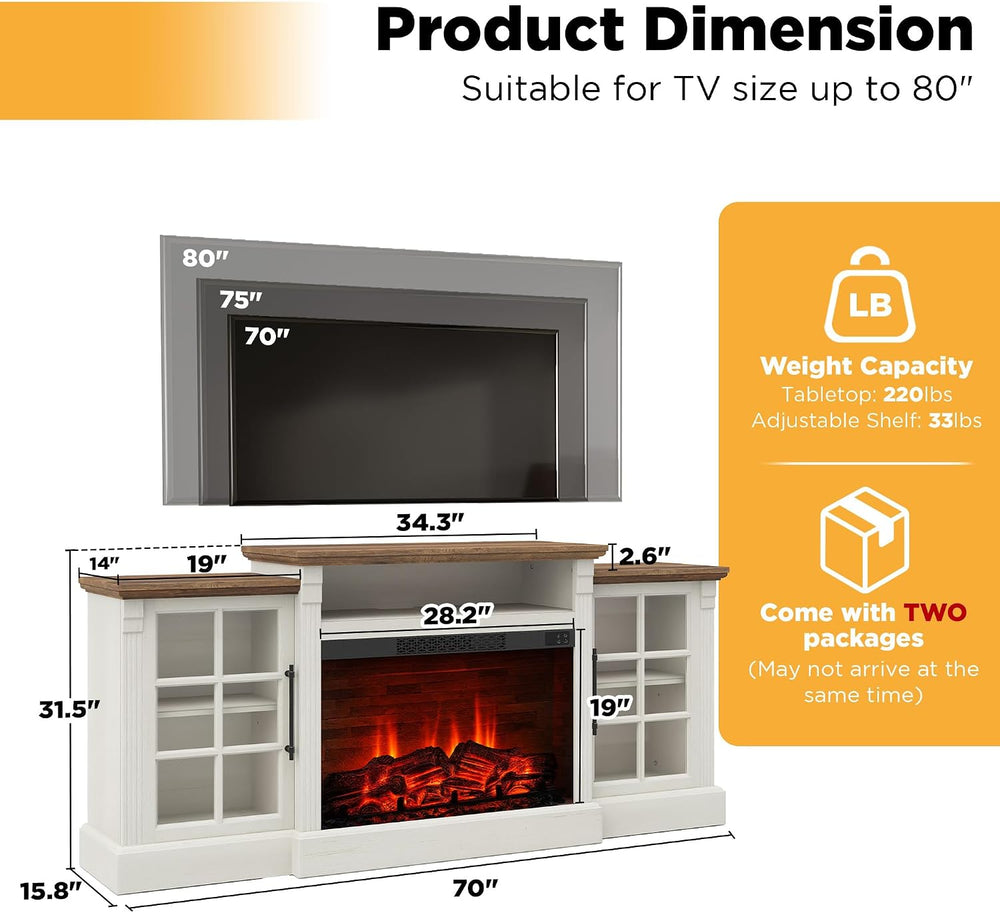 LUXOAK 70" Farmhouse TV Stand with 28" Fireplace, White Barnwood