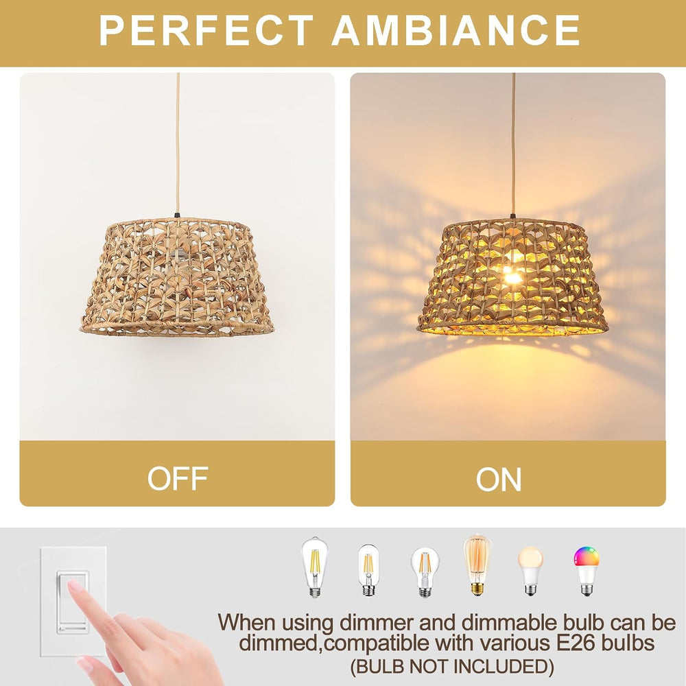 Rattan Pendant Light, 15.8" Boho Wicker Chandelier, Hand-Woven