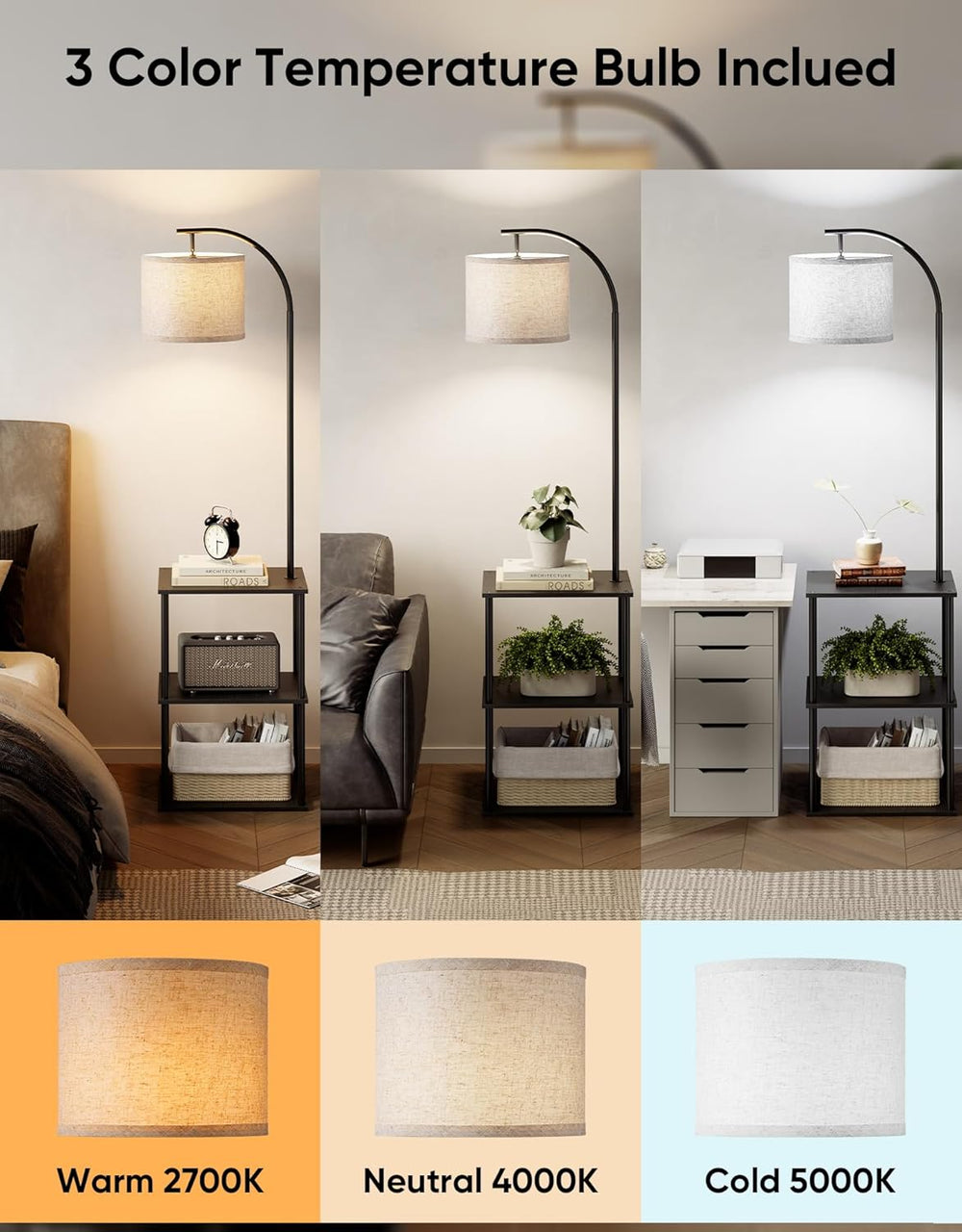 PARTPHONER Floor Lamp with Table, Night Stand with Lamp, Narrow Side Table wi...