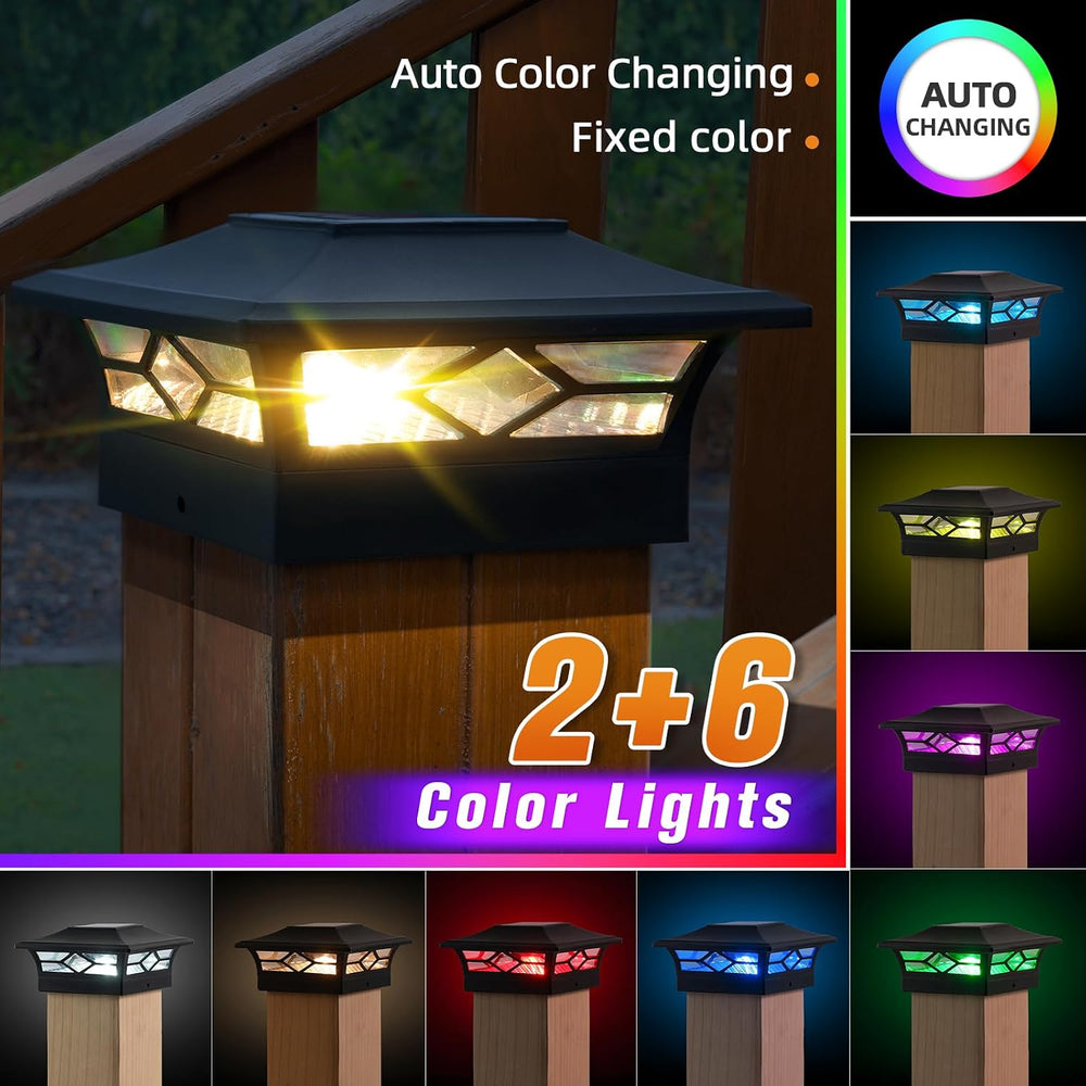 APONUO Solar Post Cap Lights with 8 RGB Colors and Multicolor Flow, Ultra-Bri...
