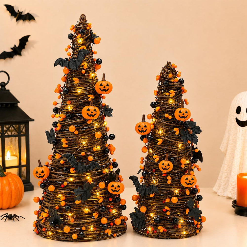 2Pack Lighted Halloween Tabletop Trees with Timer, Pumpkin Bat Decor