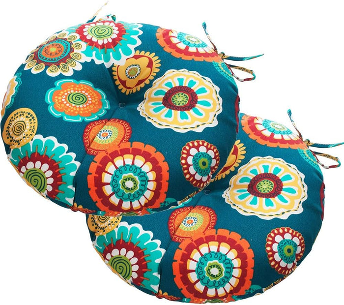 Magpie Fabrics Outdoor Round Bistro Seat Cushions with Ties, 15"x15"x4" Set of 2, Tufted Waterproof Barstool Chair Pads for Patio Home Garden Office, Floral Green