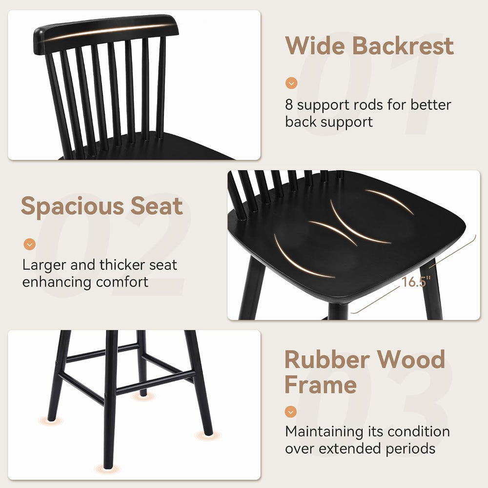 LUE BONA Upgraded Windsor Wooden Black Bar Stools Set of 3, 24 Inch Counter H...