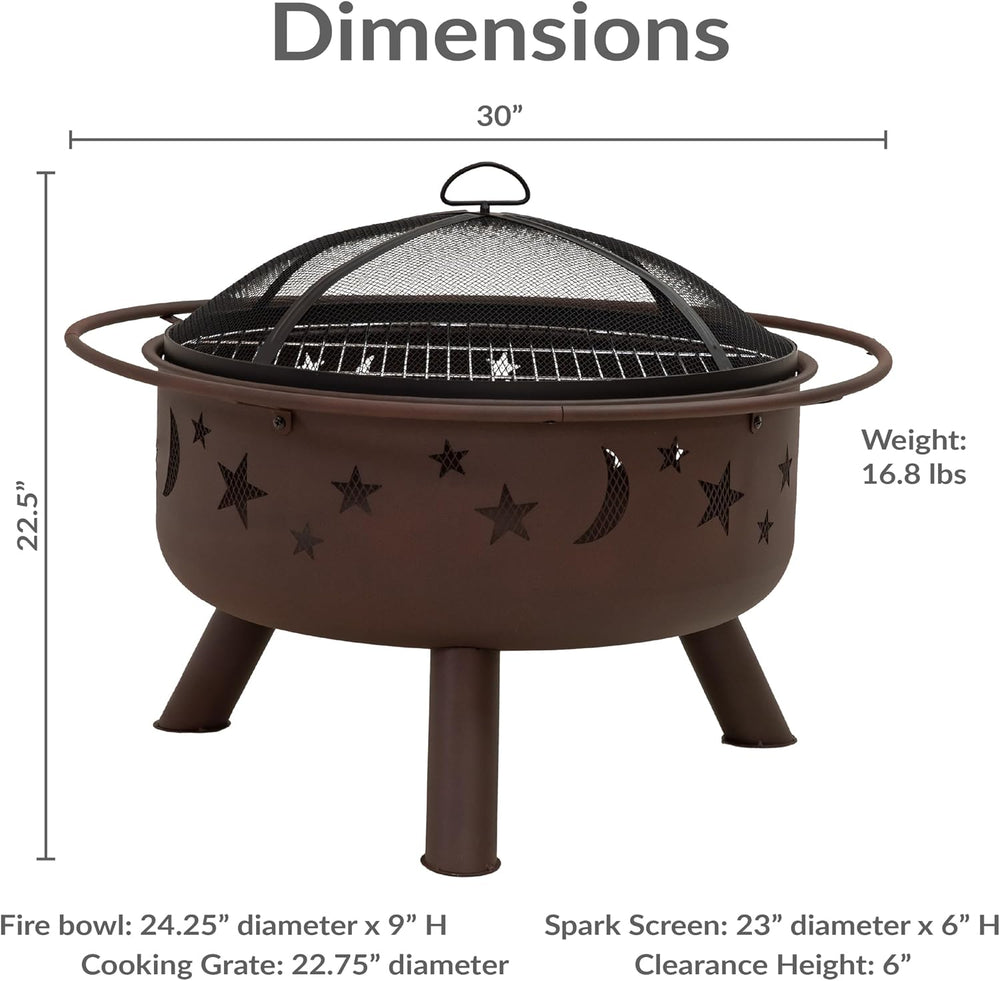 Sunnydaze Cosmic 30" Outdoor Wood Fire Pit with Grill Grate, Steel, Bronze