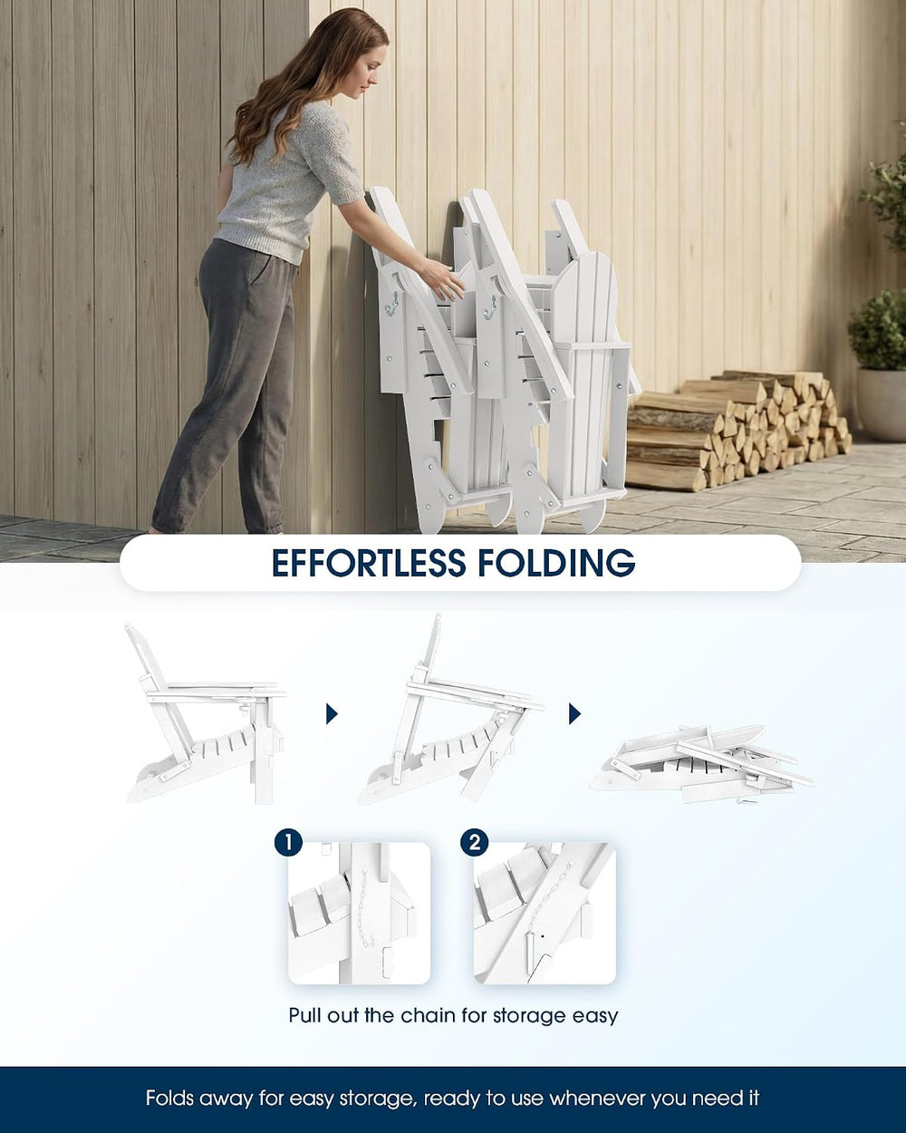 MUCHENGHY Folding Adirondack Chair HDPE for Fire Pit Outdoor, White