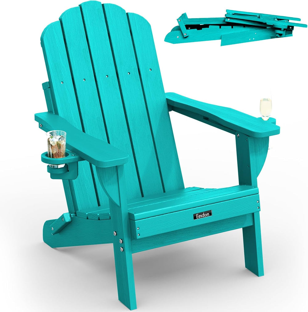 Folding Adirondack Chair, All-Weather HDPE Patio Chair with 2 Cup Holders