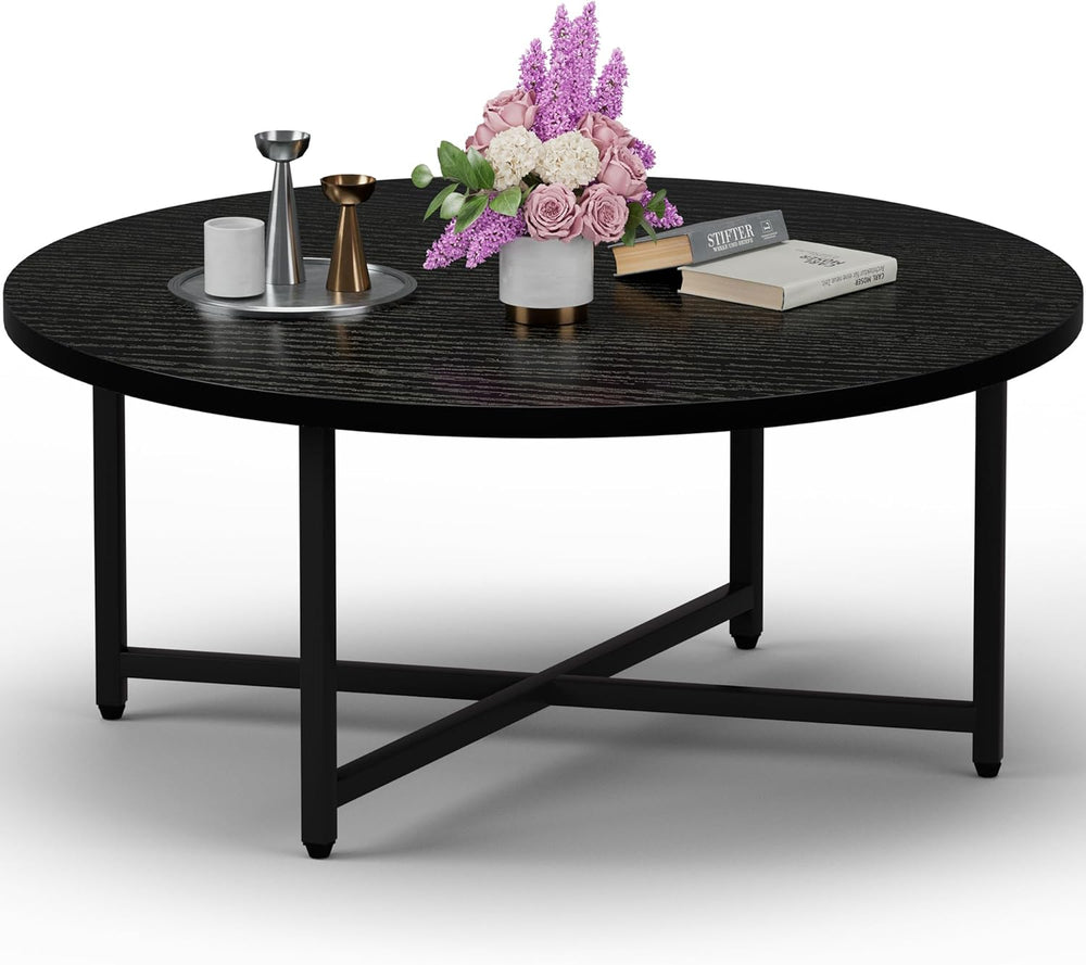 FAMIDGE Coffee Table, 31.5" Round Black Coffee Table for Living Room, Ce...