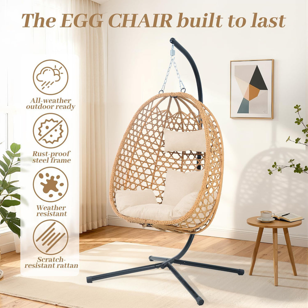 EortheX Hanging Swing Egg Chair with Stand, 350LBS Capacity, Cream