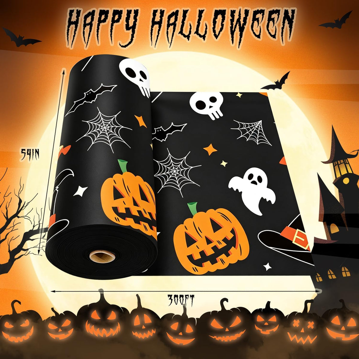 CXPSINC 54 Inch X 300 Feet Plastic Table Cover Roll Disposable Halloween Tablecloth with Slide Cutter Pumpkin Ghost Plastic Table Covers for Halloween Party Decorations(Pumpkin Ghost, 300 Feet)