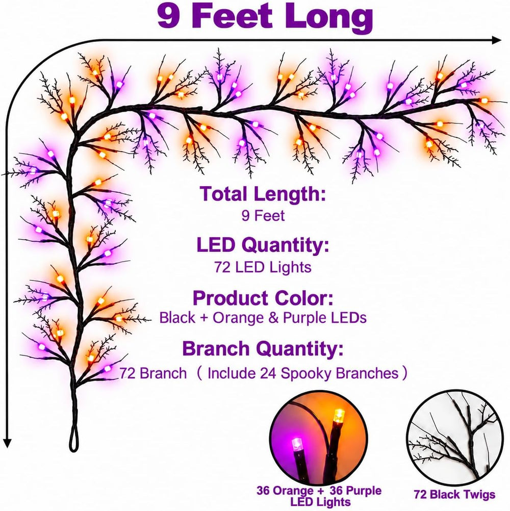 Timer & 8 Modes 9 FT 72 LED Willow Vine Twig Decor Garland with Orange &a...