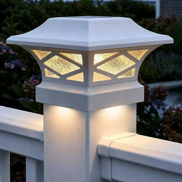 Classy Caps SLK807W - White, Kingsbridge Dual Lighted Solar Post Cap - Outdoor Deck & Fence Lighting, Fits 3.5x3.5, 4x4, 5x5, and 5.5x5.5 Posts, White Aluminum, Real Glass, Warm White Light