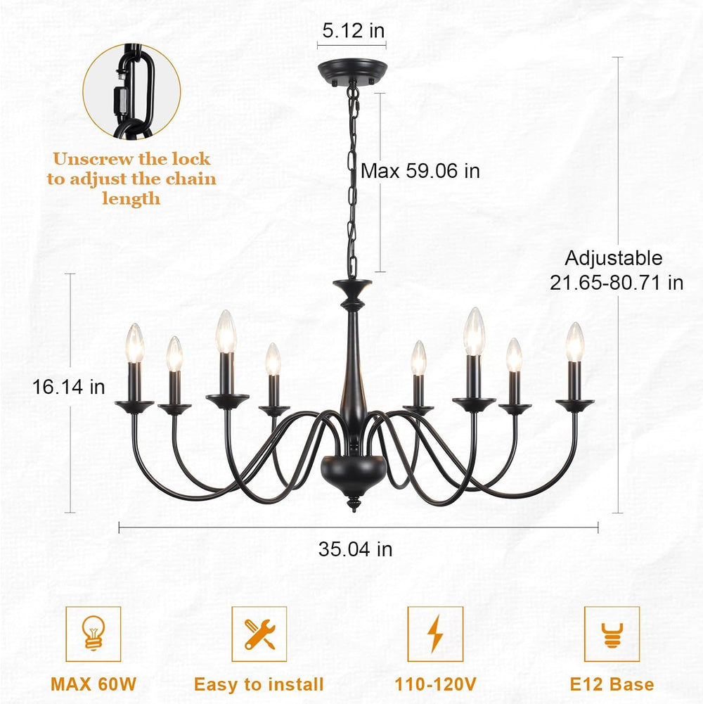35" Farmhouse Chandelier, 8-Light Matte Black Classic Iron Candle Pendan...
