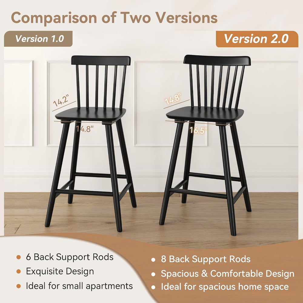 LUE BONA Upgraded Windsor Wooden Black Bar Stools Set of 3, 24 Inch Counter H...