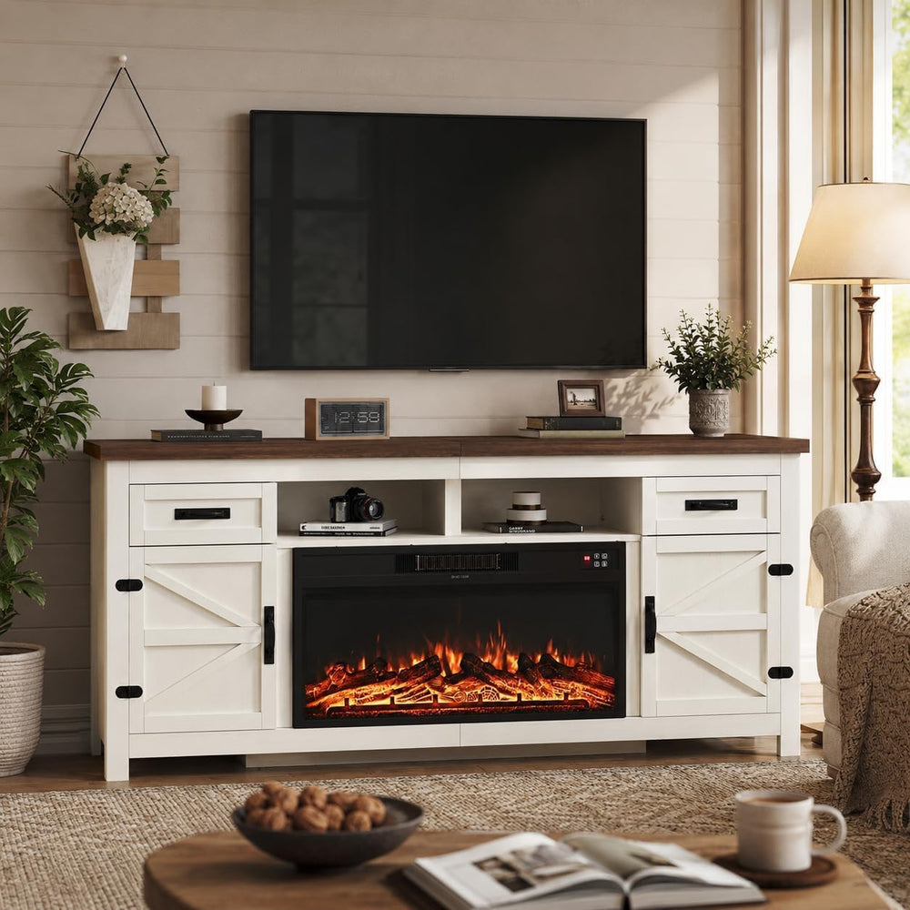 Fireplace TV Stand with Barn Door, 80 inch,Modern White