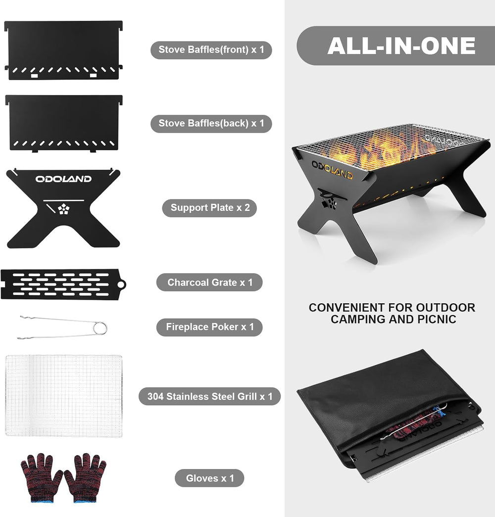 Odoland Camping Campfire Grill, Portable Folding Charcoal Grills for BBQ